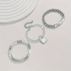 3pcs 925 Sterling Silver Beaded Punk Bracelet Set with Lock Pendant – Exquisite Stackable Edgy Silver Wrist Jewelry for Women Men Teens, Party Festival Daily Wear Gift