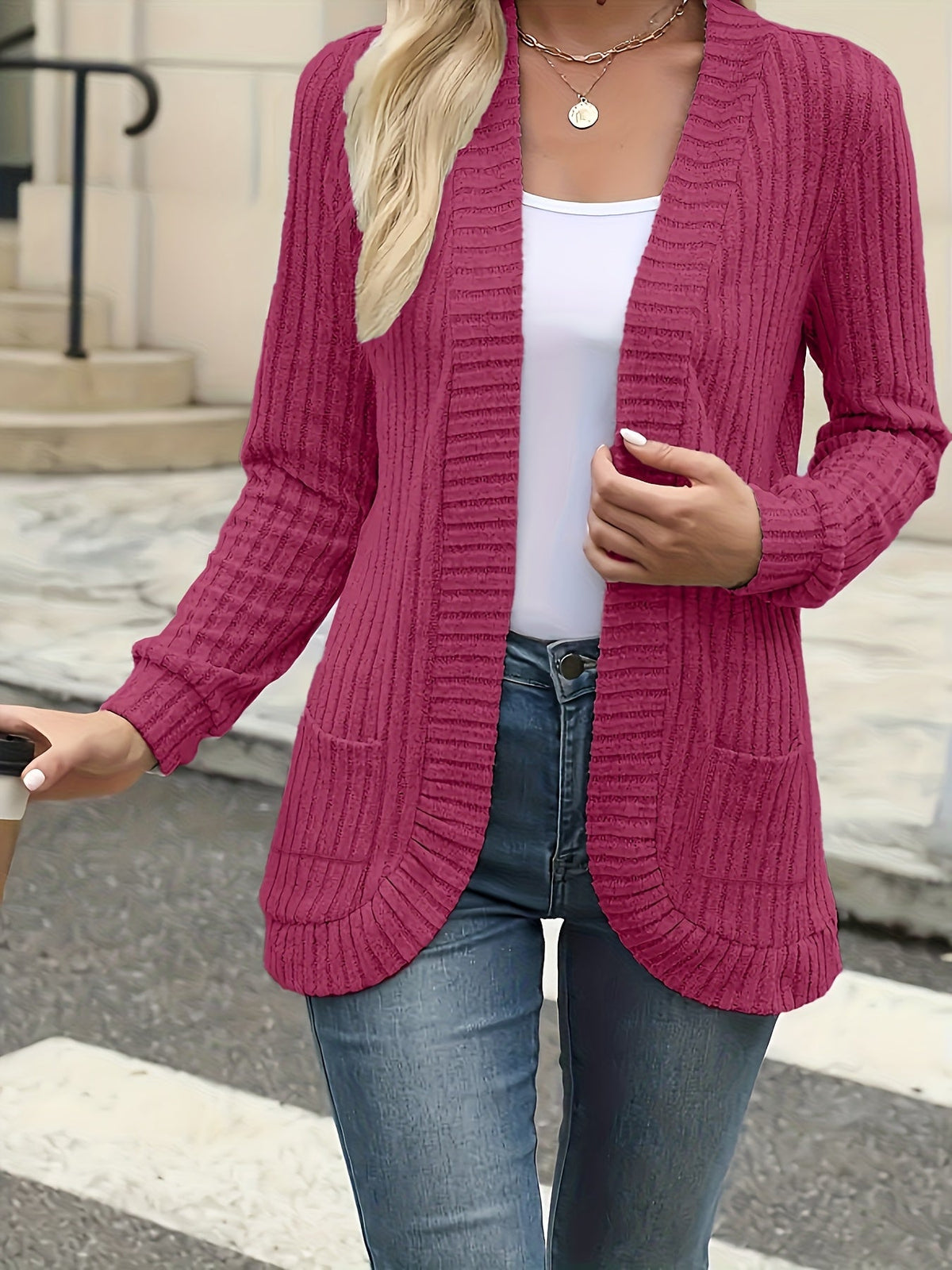 Women's Elegant Front Open Sweater Cardigan Long Sleeve Pleated Detail Solid Color - Soft Suede Feel Layering Piece for Fall Winter Office Casual Daily Wear