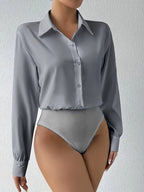 Women's Long Sleeve Bodysuit Solid Color Lapel Button Snap Crotch Shirt Top Stretchy Fitted Turtleneck Blouse for Women