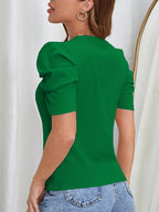 Women's Puff Sleeve T-Shirt - Elegant Ruffled Shoulder Round Neck Short Sleeve Solid Color Casual Top, Regular Fit All-Season Machine Washable Blouse, Green Red Blue, Sizes S-XXL, Versatile Everyday Wear