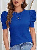 Women's Puff Sleeve T-Shirt - Elegant Ruffled Shoulder Round Neck Short Sleeve Solid Color Casual Top, Regular Fit All-Season Machine Washable Blouse, Green Red Blue, Sizes S-XXL, Versatile Everyday Wear