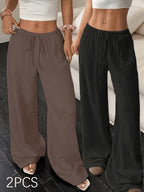 Women's 2-Piece Wide-Leg Pants Set Casual Summer Outfit Solid Color Waist-Tie Pocket Lounge Co-ord Set for Daily Wear & Vacation