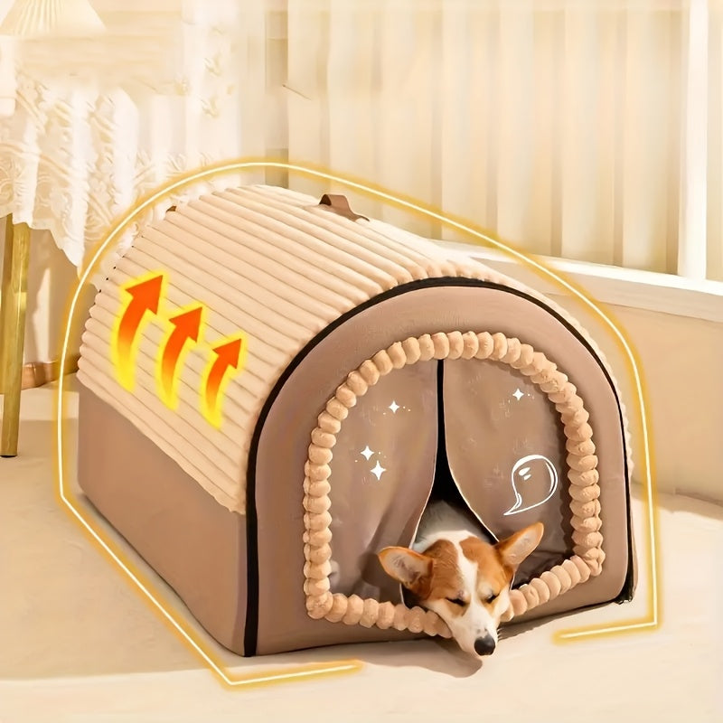 Enclosed Pet House Tent for Cats and Dogs - All-Season Warm Dog Bed with Removable Washable Plush Interior - Indoor Cat Sleeping Nest M L XL Sizes - Cozy Safe Pet Shelter Green Coffee