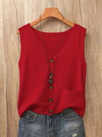Artistic Vintage Knit Vest Women Loose V-Neck Sleeveless Cardigan Button Down with Pocket Spring Summer 2026 Collection – Acrylic Soft Knit