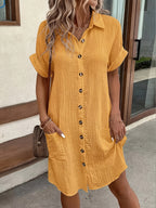 Women's Solid Color Button-Down Shirt Dress – Breathable Lapel Retro Casual Tunic Dress for All Seasons Everyday Wear