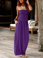 Strapless Bandeau Maxi Dress with Pockets for Women – Waist-Cinching Stretch Casual Summer Long Dress in Solid Colors S-XXL
