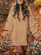 Women's Textured Knit Sweater Dress Long Sleeve Crew Neck Midi Dress S M L XL White Black Navy Dark Green Burgundy Grey Camel
