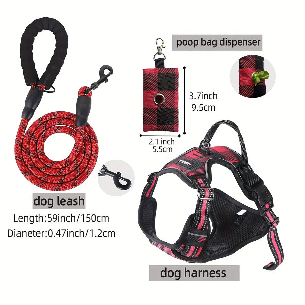 Dog Harness Leash and Poop Bag Dispenser Set 3-Piece Escape-Proof Adjustable Breathable Vest Harness for Medium Large Dogs with Reflective Strips – No-Pull Padded Dog Walking Kit with Waste Bag Holder