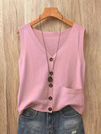 Artistic Vintage Knit Vest Women Loose V-Neck Sleeveless Cardigan Button Down with Pocket Spring Summer 2026 Collection – Acrylic Soft Knit