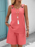 Women's Solid Color Sleeveless Top & Shorts Set – 100% Polyester Double Pocket Casual Vacation Outfit for Spring Summer Fall