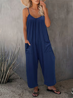 Women's Western Strappy Jumpsuit with Chest Pleats & Patch Pockets - Casual Long Pants Romper All Season Summer Vacation Fashion