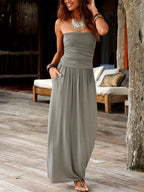 Strapless Bandeau Maxi Dress with Pockets for Women – Waist-Cinching Stretch Casual Summer Long Dress in Solid Colors S-XXL