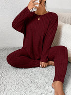 Women's Ribbed Two-Piece Set – Casual Soft 100% Polyester Crew Neck Long Sleeve Top & Pants Micro-Stretch Commuter Fashion Spring Fall Outfit