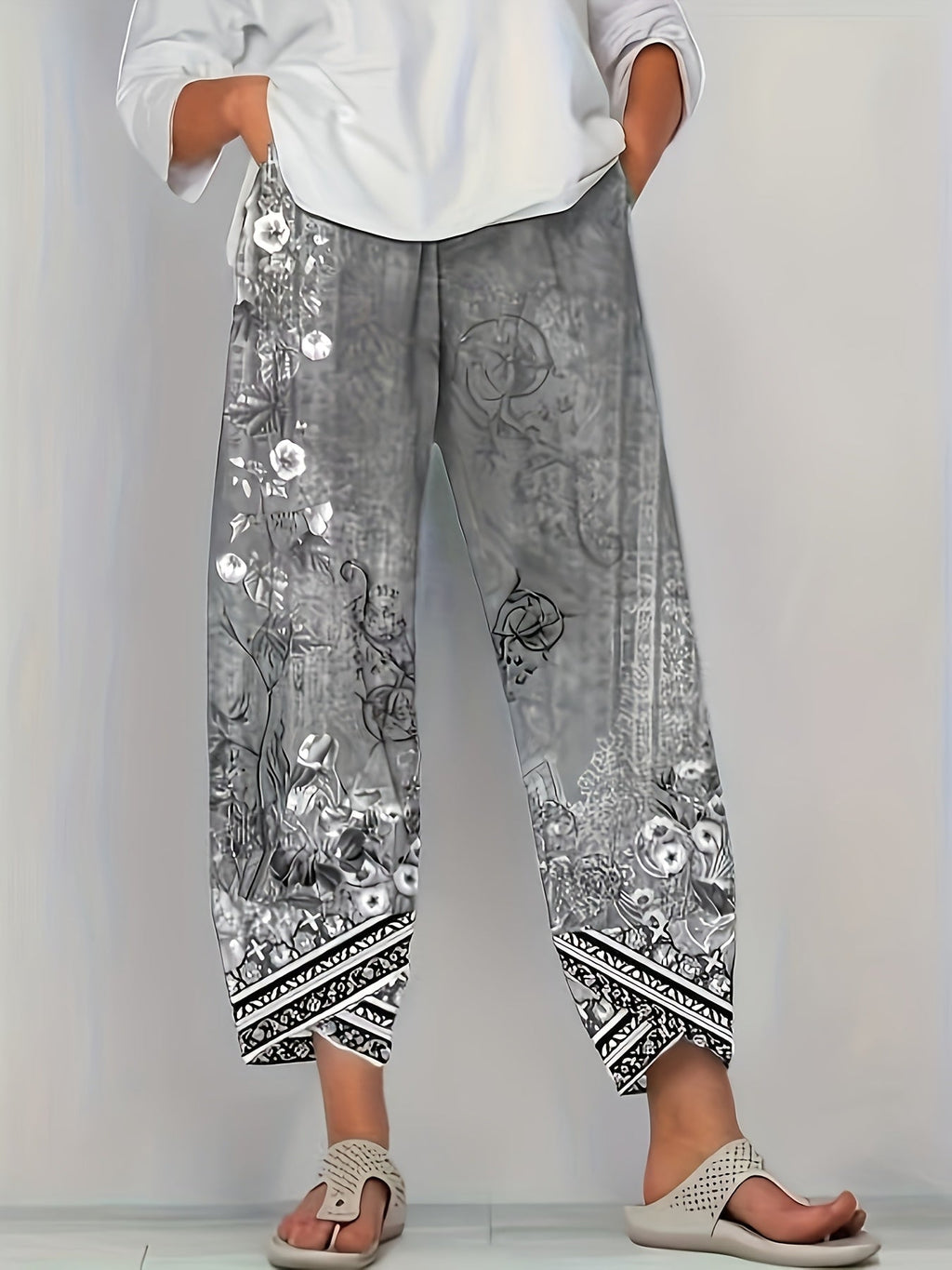 Vintage Floral Capri Pants with Elastic Waist & Pockets | Women's Retro Smocked Cropped Trousers | Casual Comfortable Boho Bottoms for Spring Summer Fall | S-XXL Multiple Colors