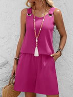 Women's Solid Color Sleeveless Top & Shorts Set – 100% Polyester Double Pocket Casual Vacation Outfit for Spring Summer Fall