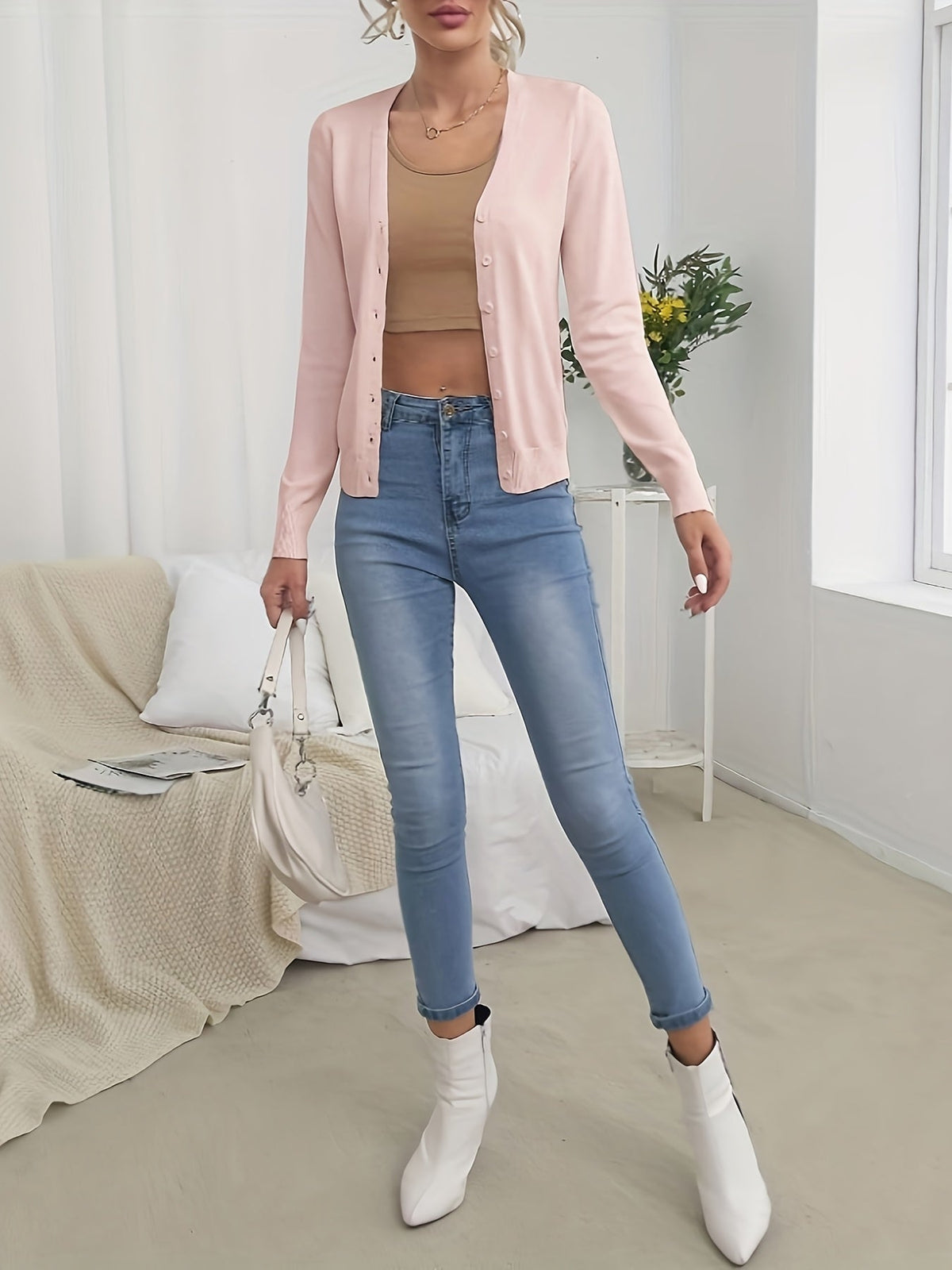 Women's Elegant V-Neck Button Knit Cardigan – High-End Solid Color Medium Stretch Jersey Sweater Office Casual Outerwear Fall Winter Layering Top