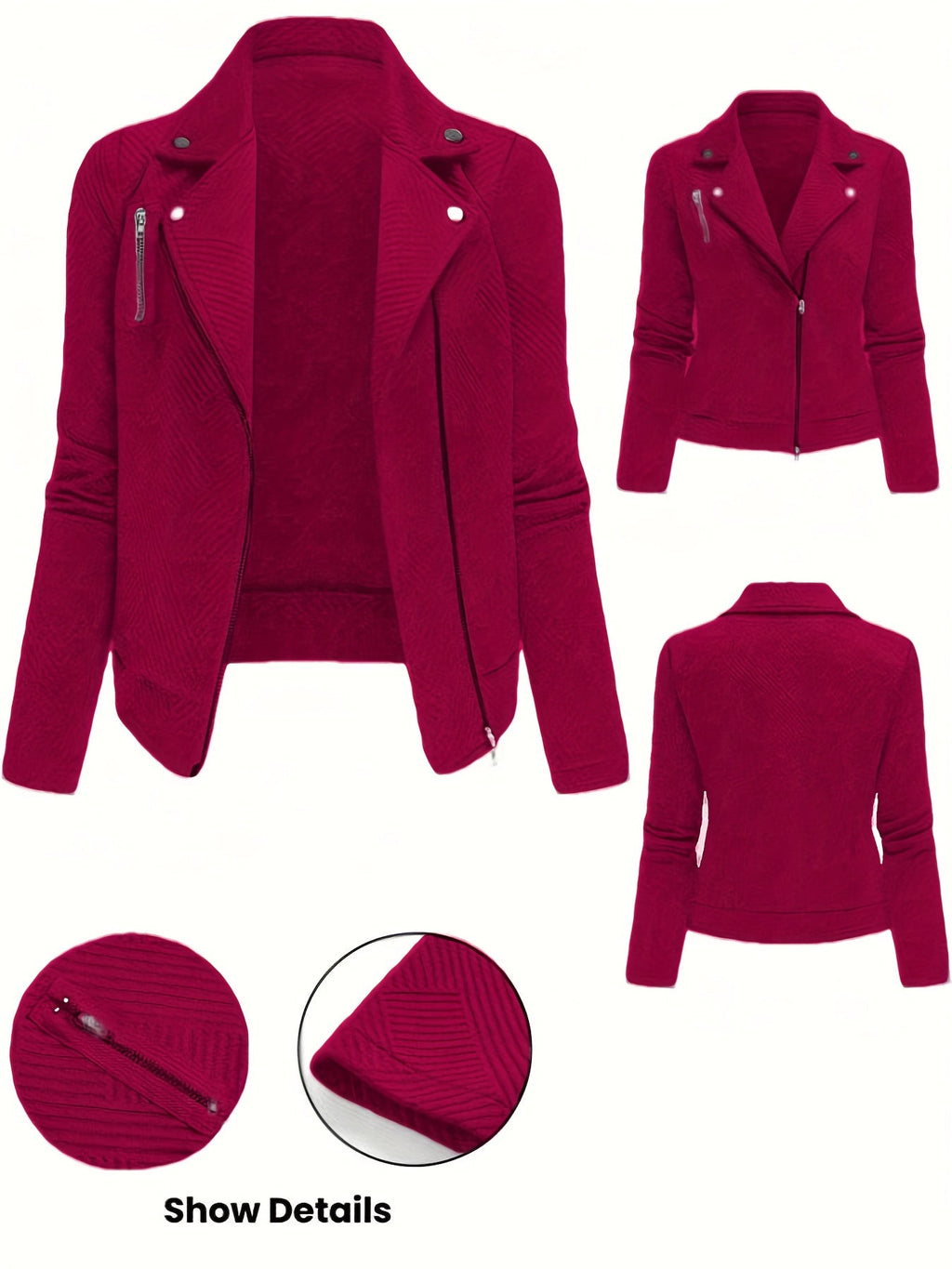 Women's Solid Color Biker Jacket Zipper Button Maze Grid Moto Coat - Stylish Casual Outerwear for Fall Winter Daily Commute Streetwear Top