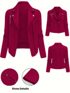 Women's Solid Color Biker Jacket Zipper Button Maze Grid Moto Coat - Stylish Casual Outerwear for Fall Winter Daily Commute Streetwear Top