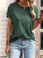 Women's Button-Front Short Sleeve Lightweight Breathable Semi-Sheer Casual Chic Top Regular Fit Blouse - Stylish Summer Shirt for Women Polyester Elastane Knit Fabric Machine Washable Streetwear