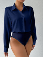 Women's Long Sleeve Bodysuit Solid Color Lapel Button Snap Crotch Shirt Top Stretchy Fitted Turtleneck Blouse for Women