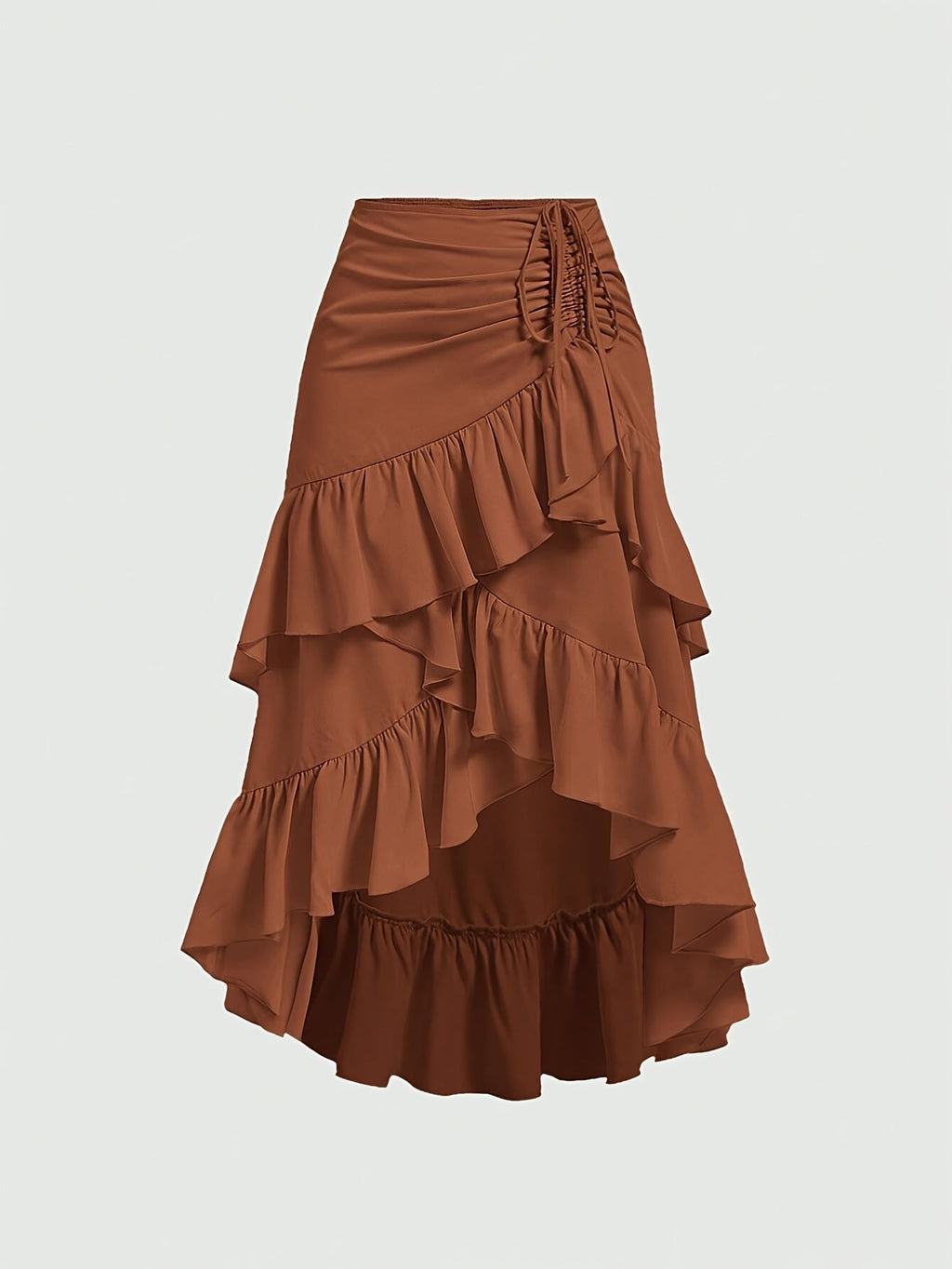 Women's Asymmetrical Pleated Hem Multi-Layer Midi Skirt – Flowy Chiffon-Style 100% Polyester Spring Fall Fashion Tiered Ruffle Swing Skirt