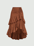 Women's Asymmetrical Pleated Hem Multi-Layer Midi Skirt – Flowy Chiffon-Style 100% Polyester Spring Fall Fashion Tiered Ruffle Swing Skirt
