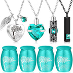 8-Piece Small Cremation Urns for Ashes – Alloy Keepsake Ash Holder Set with Family Tree Memorial Heart Locket Pendant for Adults Men & Women, Burial & Cremation Remembrance Gift, 8 Colors