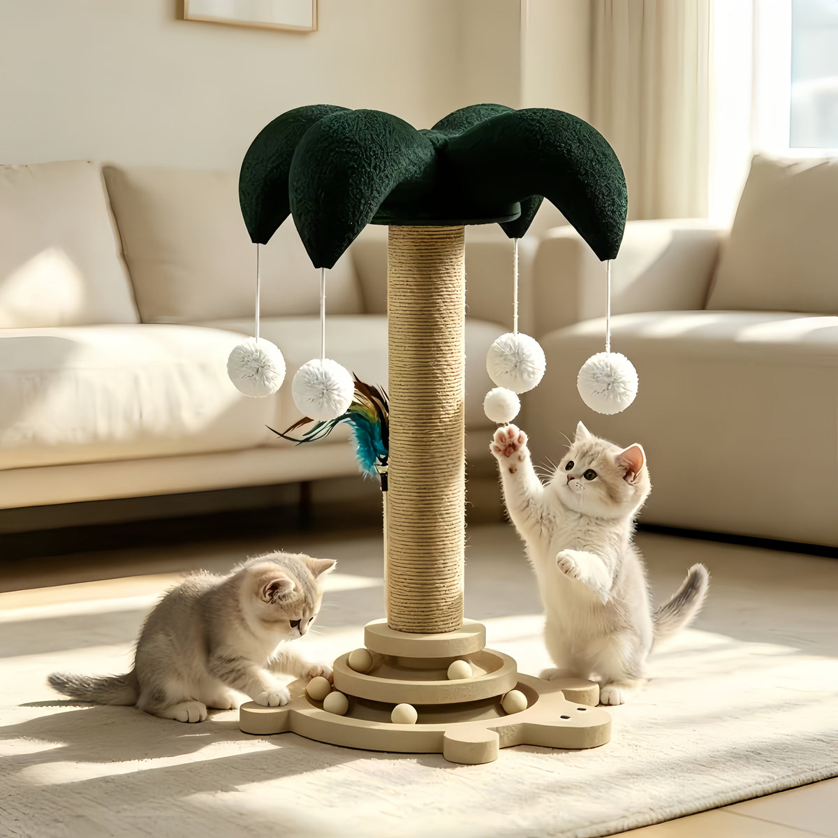 Sisal Cat Scratching Pole Set with Clown Hat Vertical Scratch Plate & Cat Climbing Frame - Wear-Resistant Cat Scratcher Toy with Teasing Stick for Indoor Cats Kittens Millet Shape Turtle Shape