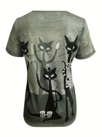 Women's V-Neck Animal Print T-Shirt – Casual Knit Stretch Top Olive Short Sleeve Everyday Tee S-XXL Soft Polyester Blend