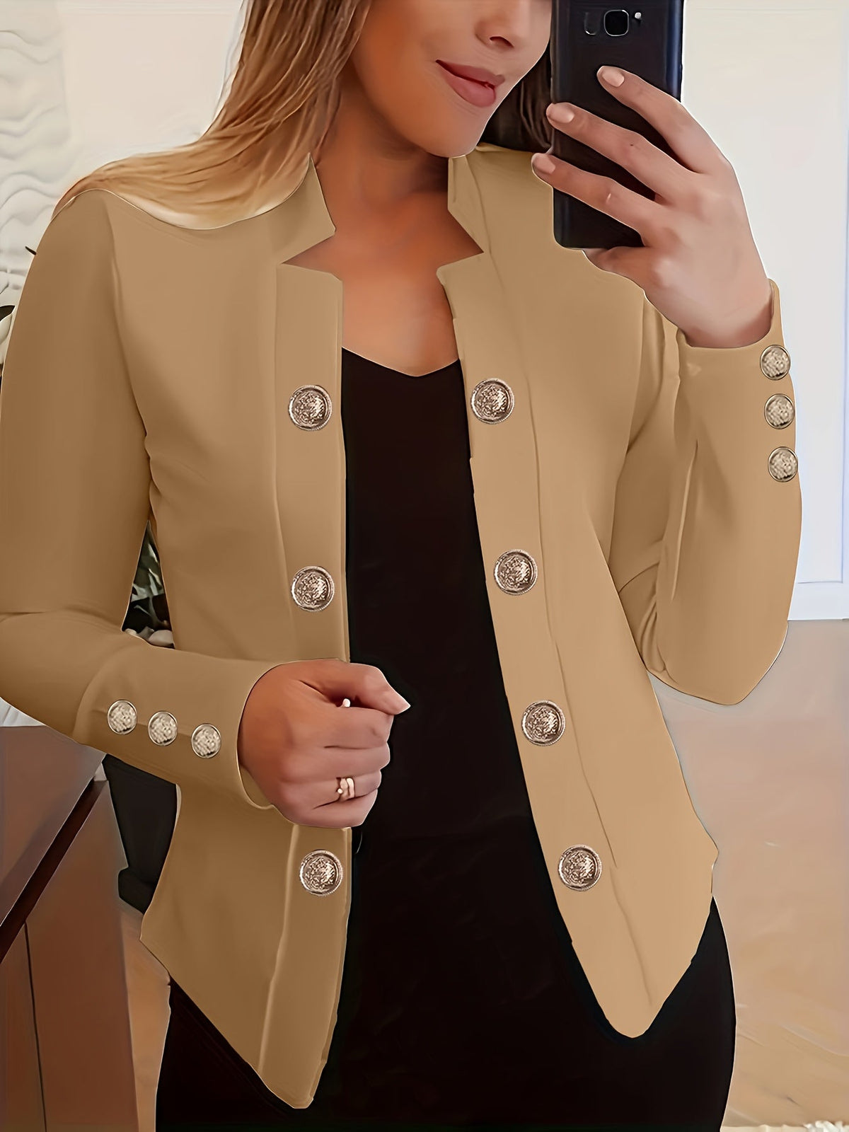 Women's Double-Breasted Cardigan Jacket – Cuffed Long Sleeve Solid Color Blazer-Style Coat for Spring, Fall & All-Season Wear
