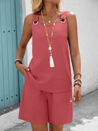 Women's Solid Color Sleeveless Top & Shorts Set – 100% Polyester Double Pocket Casual Vacation Outfit for Spring Summer Fall