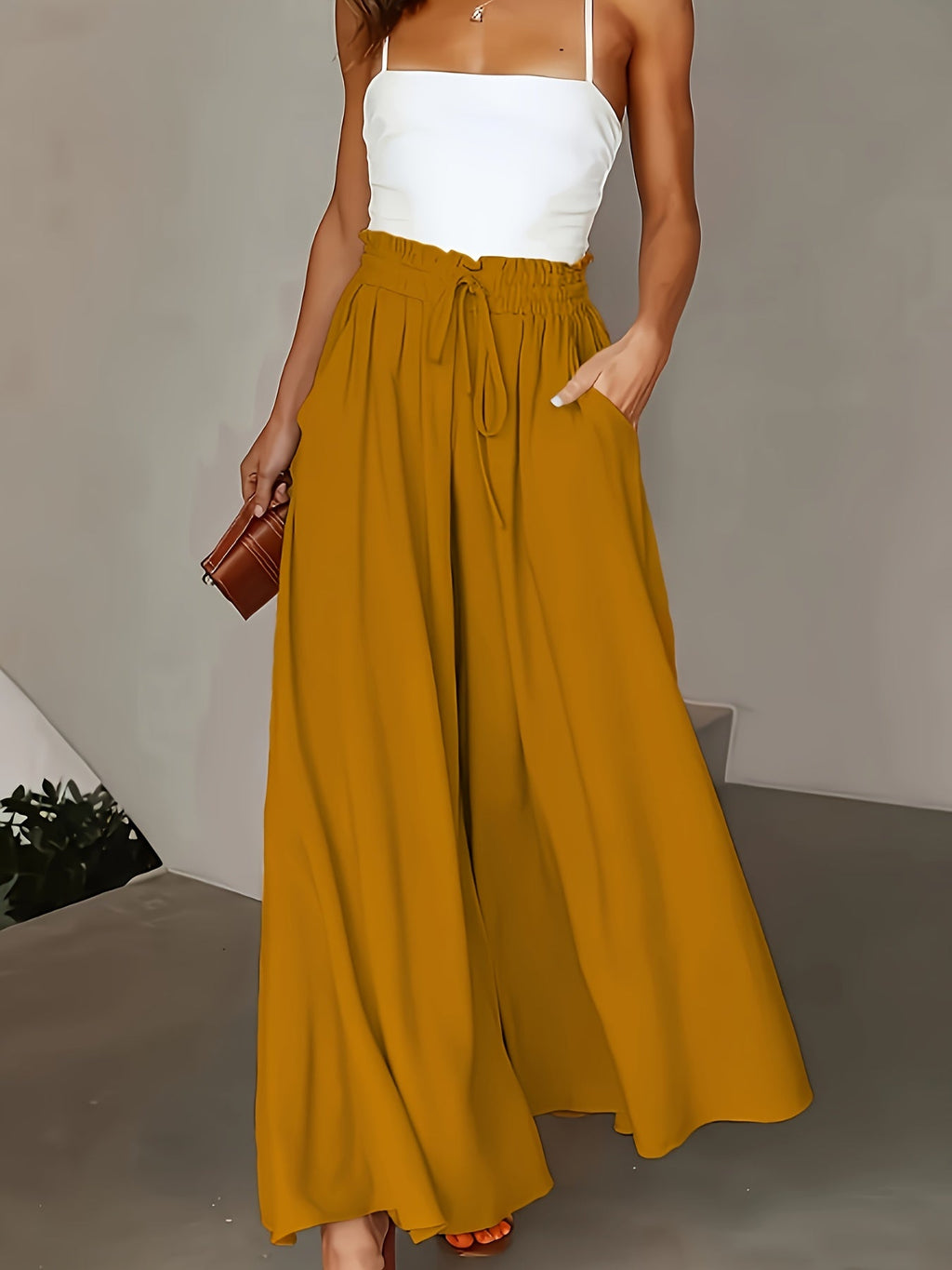 Women's High-Waist Wide-Leg Pants – Elegant Loose Fit Solid Color Flowy Trousers with Pockets for Spring Summer Office Casual