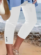 Women's Capri Pants Solid Color Stretchy Button-Front Elastic Waist Three-Quarter Length Trousers Casual Dressy Spring Summer Machine Washable S M L XL XXL