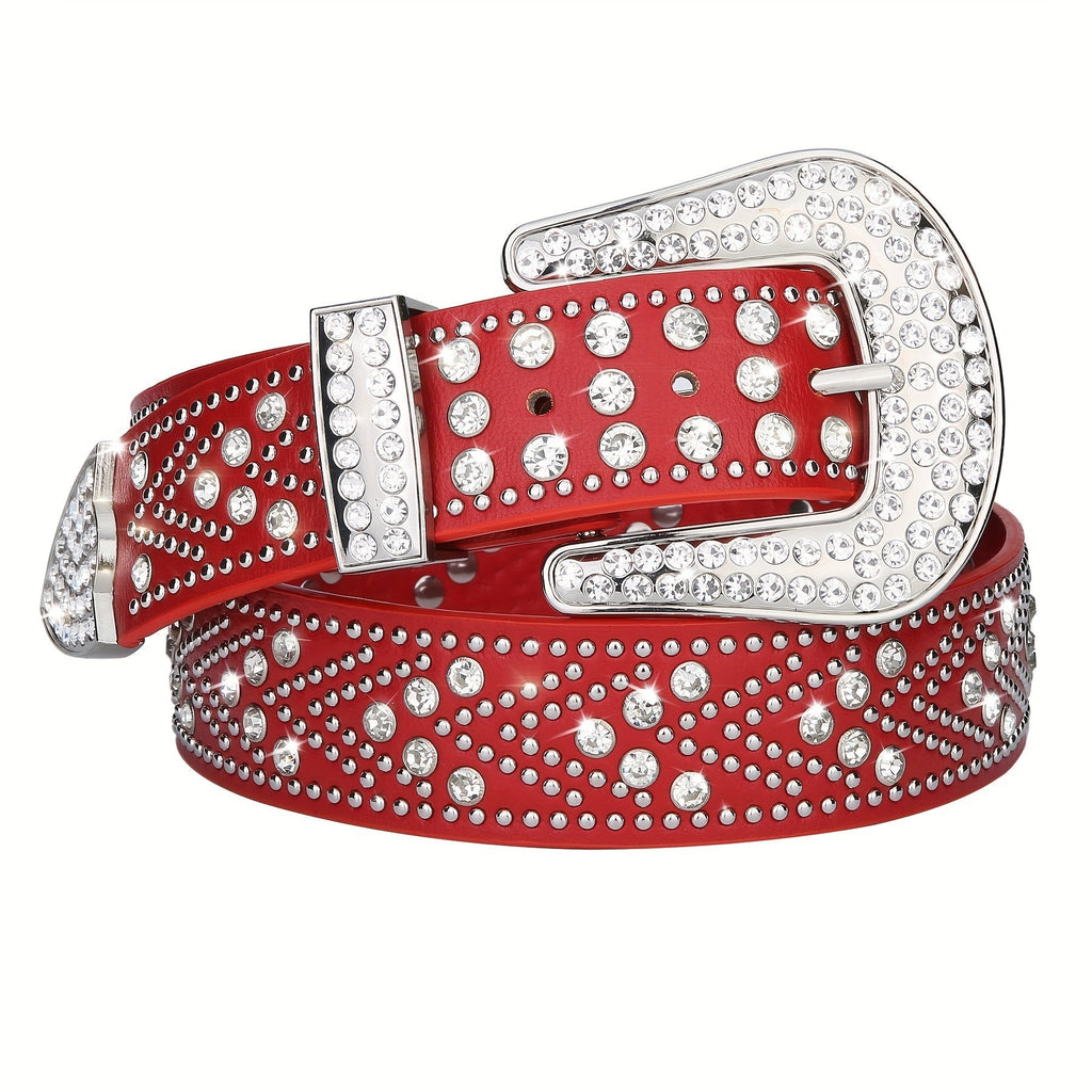Studded Rhinestone Belt for Men & Women – Bling Y2K Western Cowboy Cowgirl Faux Leather Belt with Gold Metal Buckle, Punk Style, Sizes 28–44