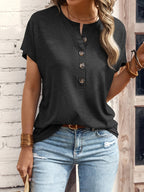 Women's Button-Front Short Sleeve Lightweight Breathable Semi-Sheer Casual Chic Top Regular Fit Blouse - Stylish Summer Shirt for Women Polyester Elastane Knit Fabric Machine Washable Streetwear