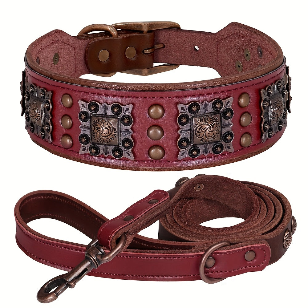Heavy Duty Studded Leather Dog Collar for Medium and Large Dogs - Durable Real Leather with Metal Studs, Adjustable L XL XXL, 8 Colors, Strong Dog Collar for Large Breed Training Walking