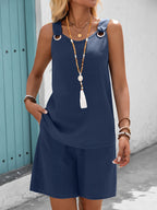 Women's Solid Color Sleeveless Top & Shorts Set – 100% Polyester Double Pocket Casual Vacation Outfit for Spring Summer Fall