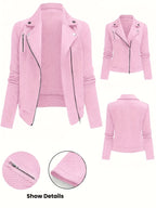 Women's Solid Color Biker Jacket Zipper Button Maze Grid Moto Coat - Stylish Casual Outerwear for Fall Winter Daily Commute Streetwear Top