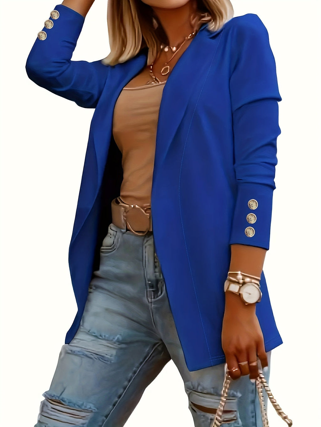 Women's Midi-Length Lapel Knit Jacket – Solid Color Long Sleeve Cuff 95% Polyester Micro-Stretch Casual Fashion Coat All-Season