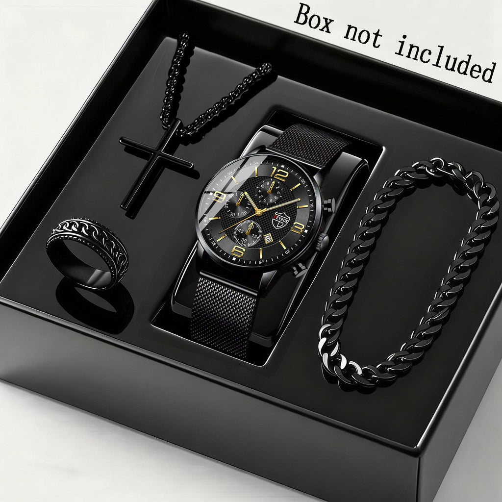 Men's Quartz Watch & Bracelet Jewelry Set 4pcs – Stainless Steel Date Display Casual Business Wristwatch with Bracelet & Necklace, Elegant Gift Set for Men