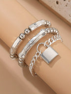 3pcs 925 Sterling Silver Beaded Punk Bracelet Set with Lock Pendant – Exquisite Stackable Edgy Silver Wrist Jewelry for Women Men Teens, Party Festival Daily Wear Gift
