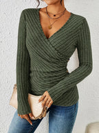Women's V-Neck Button Long Sleeve Tunic Top – Solid Color Suede Feel Mid-Stretch Elegant Shirt for Spring & Fall Layering