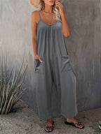 Women's Western Strappy Jumpsuit with Chest Pleats & Patch Pockets - Casual Long Pants Romper All Season Summer Vacation Fashion