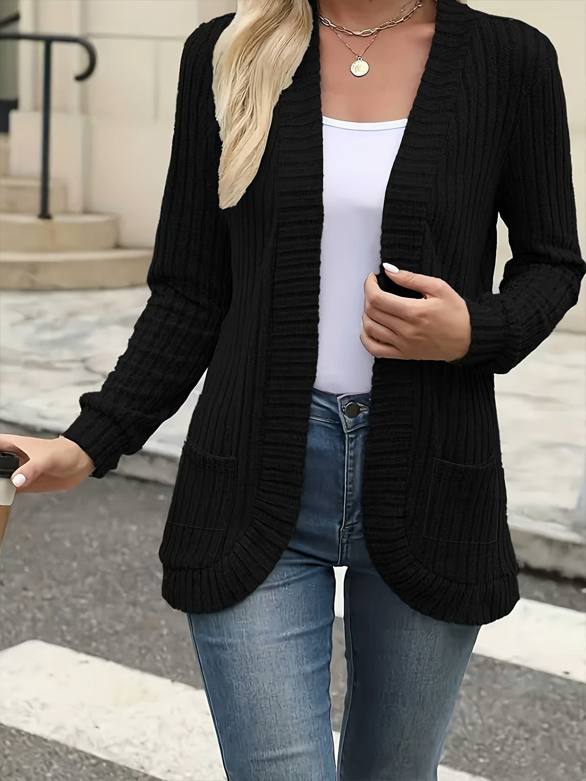 Women's Elegant Front Open Sweater Cardigan Long Sleeve Pleated Detail Solid Color - Soft Suede Feel Layering Piece for Fall Winter Office Casual Daily Wear