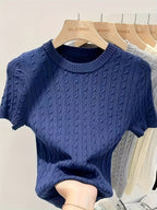 Women's Jacquard Short Sleeve Sweater Chic Cable Knit Round Neck Pullover Ribbed Hem Cuffs Lightweight Viscose Spring Summer Casual S M L XL XXL