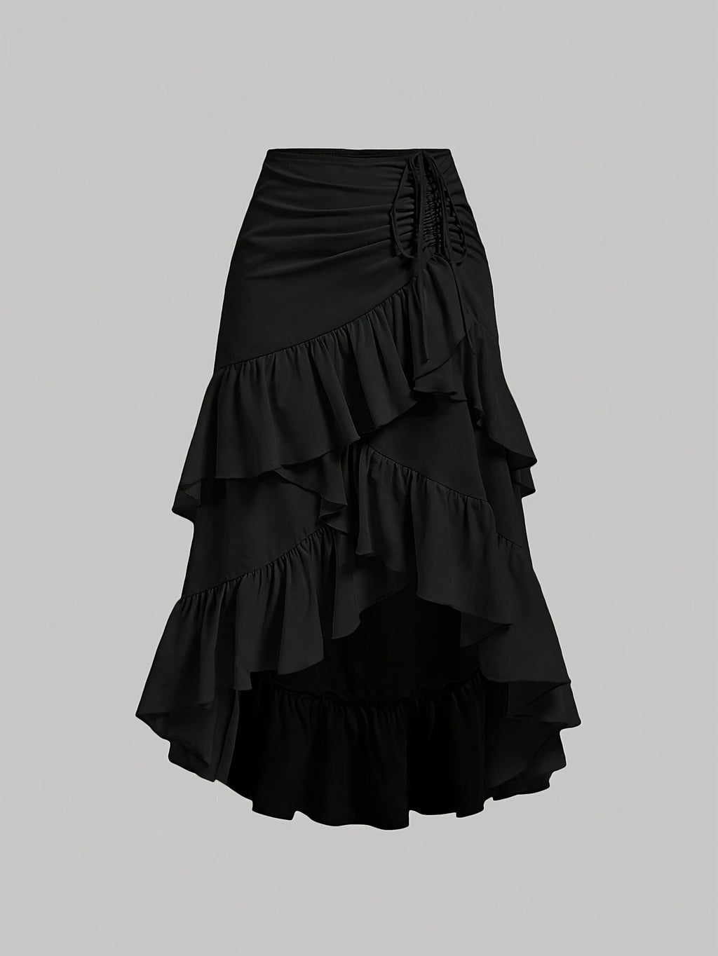 Women's Asymmetrical Pleated Hem Multi-Layer Midi Skirt – Flowy Chiffon-Style 100% Polyester Spring Fall Fashion Tiered Ruffle Swing Skirt