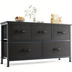 5-Drawer Lateral File Cabinet with Metal Frame & Wooden Top – Industrial Office Storage Organizer, 3 Upper + 2 Lower Drawers, Open Storage, Fits TV up to 45” – Black & Grey