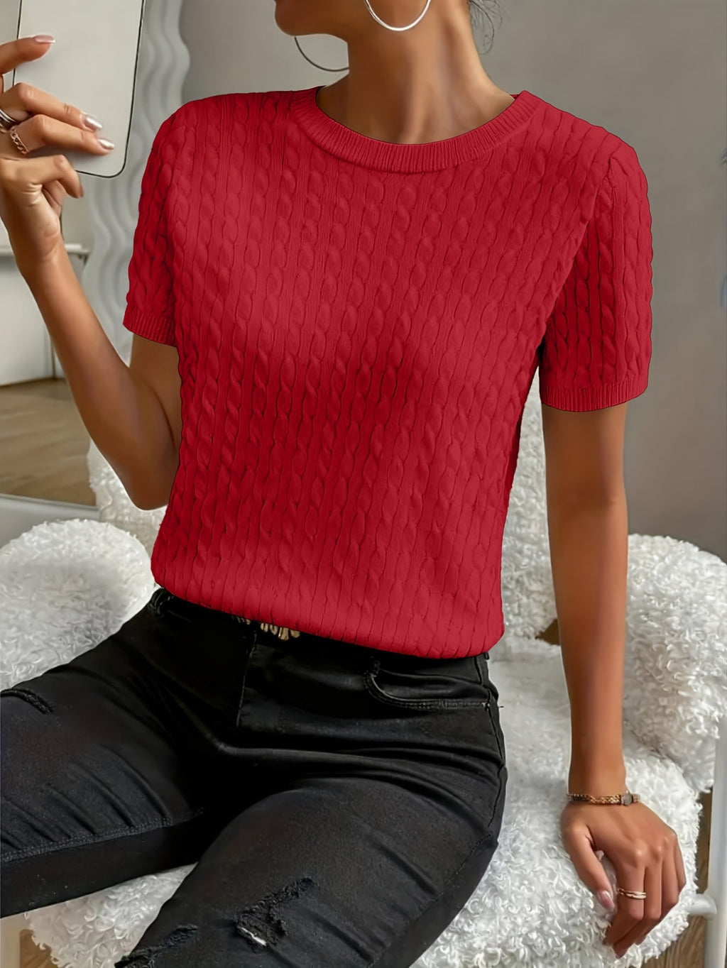 Women's Ribbed Knit Short Sleeve Pullover Top | Crew Neck Minimalist Casual Summer T-Shirt Versatile Stretch Comfort