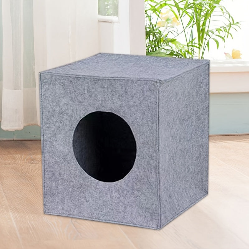 Square Felt Cat Bed Foldable Machine Washable – 3mm Thick Semi-Enclosed Cat House, Won't Collapse, All-Season Indoor Cat Cave for Sleeping & Playing, 13x14.5x13 Inch, Dark Gray & Light Grey