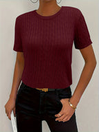 Women's Ribbed Knit Short Sleeve Pullover Top | Crew Neck Minimalist Casual Summer T-Shirt Versatile Stretch Comfort